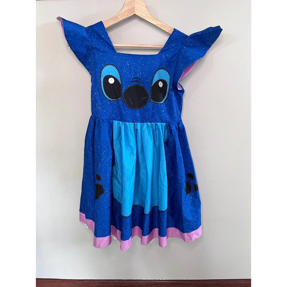 Disney Stitch Character Blue Flutter Sleeve Dress Kids Size 150 Starry Print